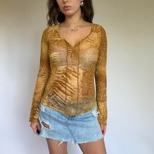 Vintage Styles Brown Printed Mesh Top